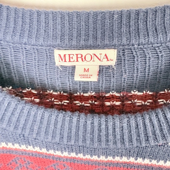 Merona Navy Red White Fair Isle Knit Sweater Pullover Long Sleeve Size M - Picture 4 of 5